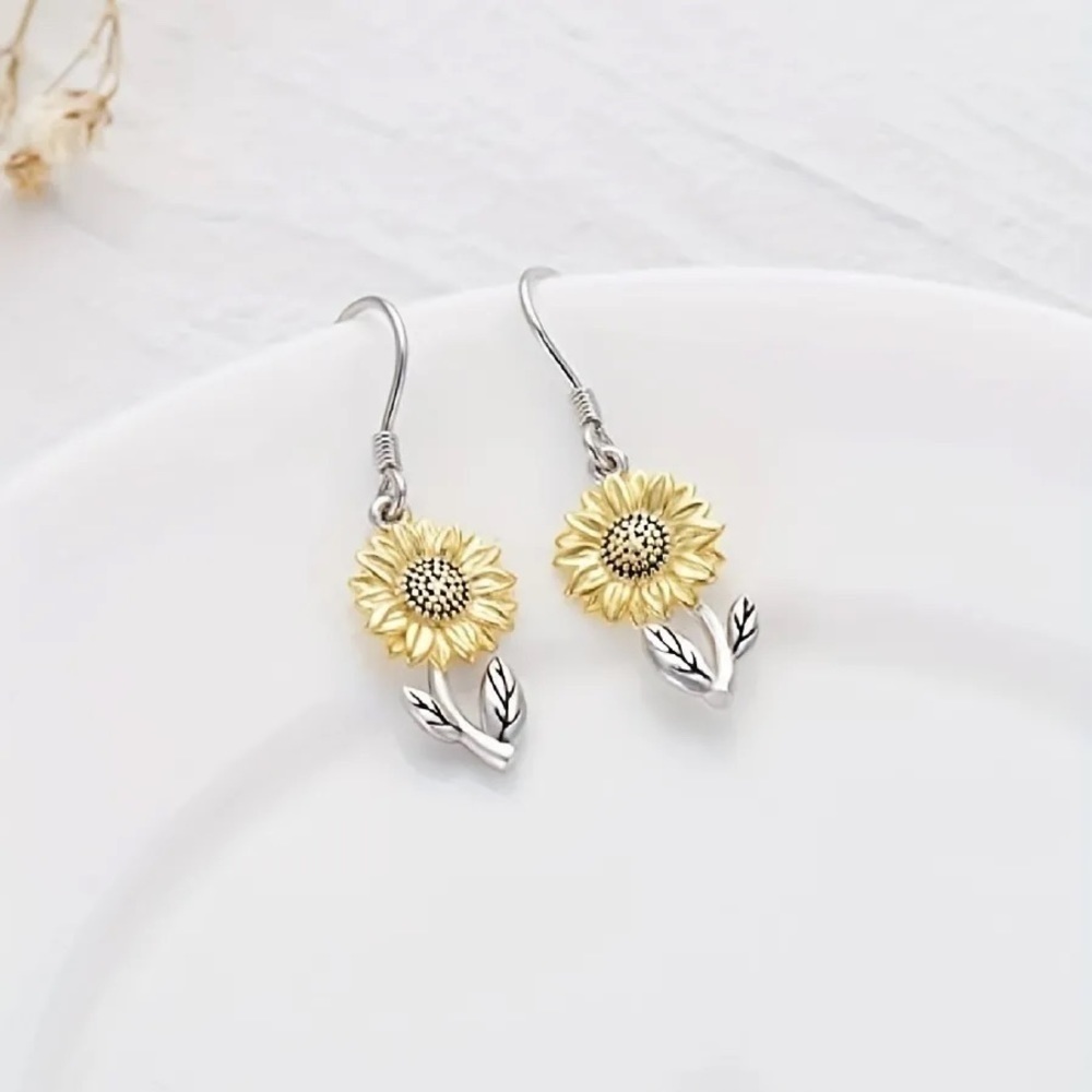 Small Sunflower Silver Color Dangle Earrings - Picture 3 of 5